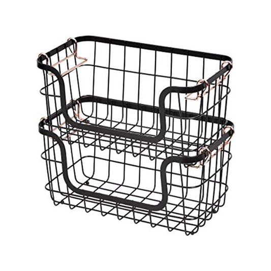 Basics Stackable Metal Wire Rectangular Storage Basket Set For Kitchen or Bathroom